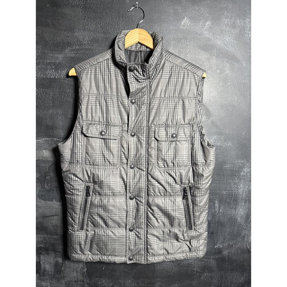 Express Vest Mens Small Gray Plaid Quilted Puffer Insulated Zip Pockets Warm